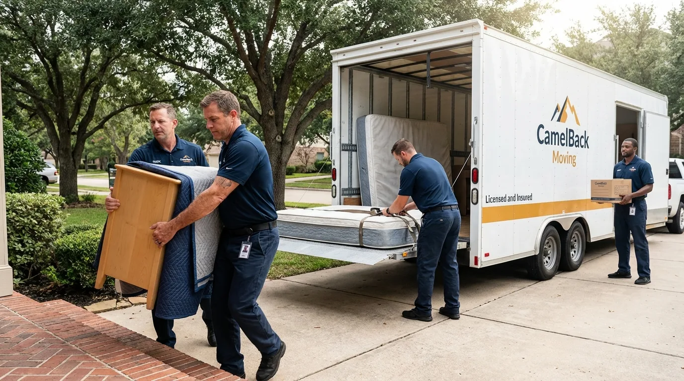 Crew loading residential truck for cross-state move from Navajo, NM