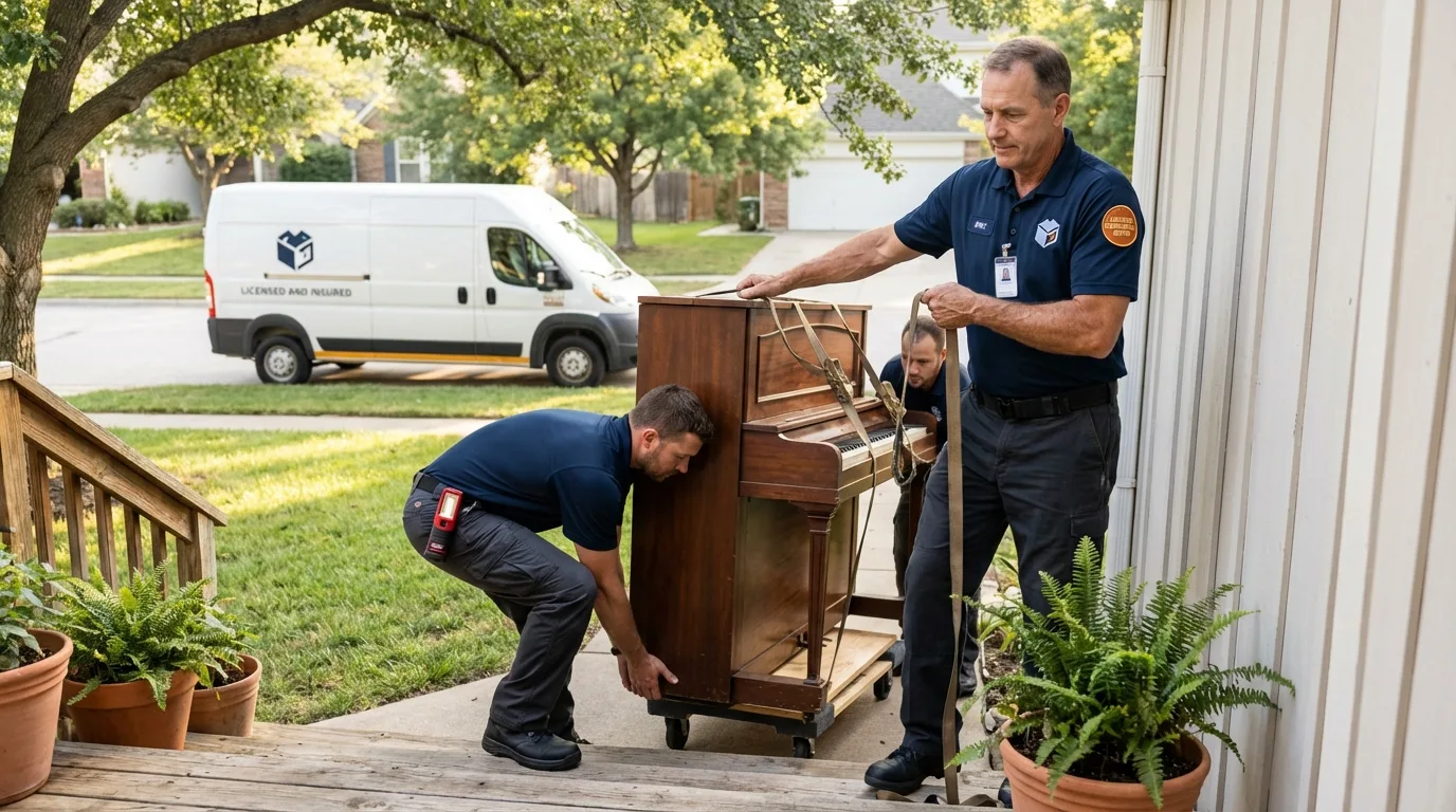 Licensed piano movers securing grand piano in Navajo, NM