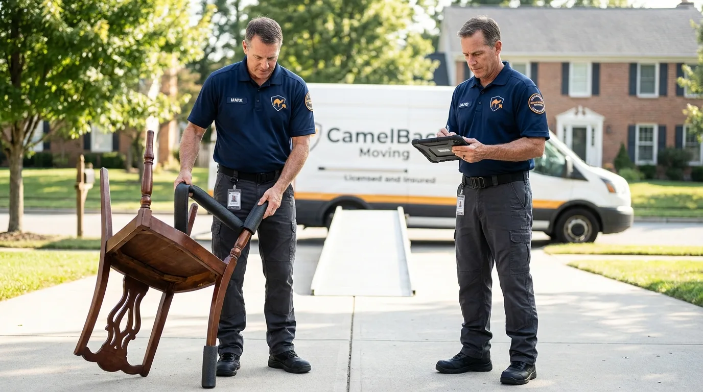 Movers inspecting furniture for damage prevention before loading in Navajo, NM