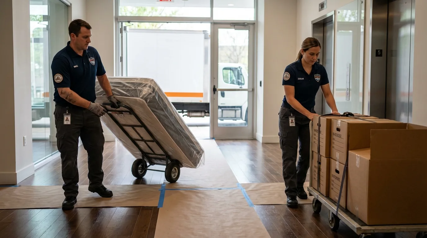 Professional apartment movers loading elevator in Navajo, NM
