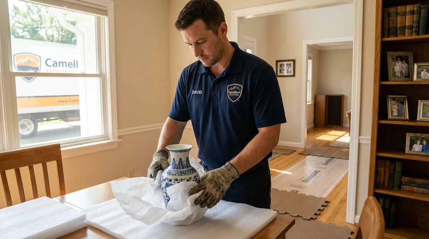 Professional crew carefully wrapping antique vase for senior downsizing move in Navajo, NM