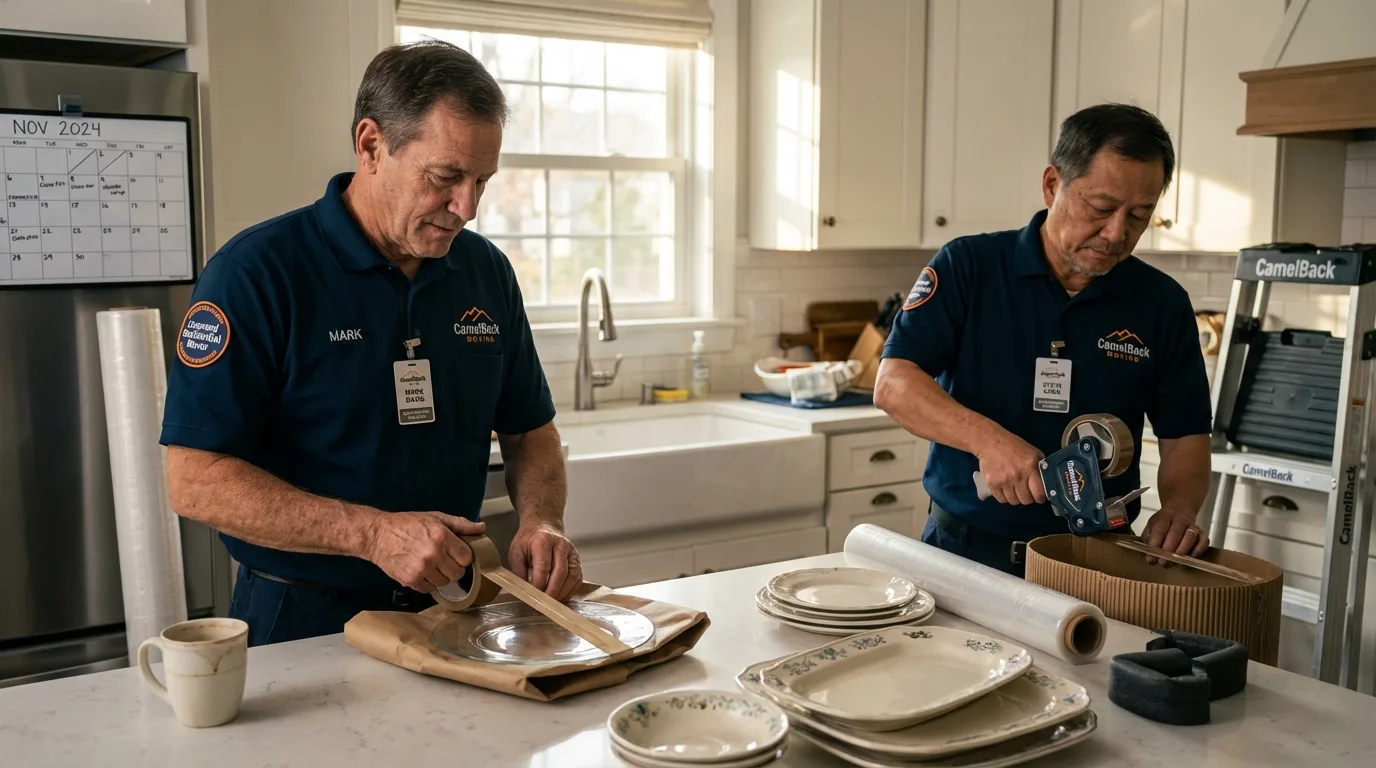 Professional crew packing kitchen dishware in Navajo, NM